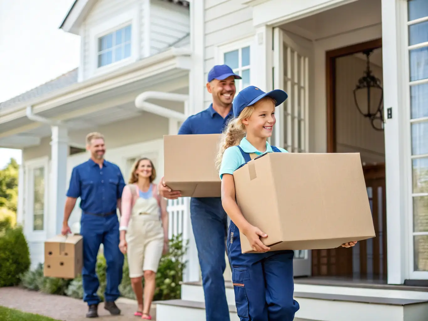 A family happily watching their belongings being unloaded from a moving truck in front of their new home in Ecuador, showcasing a full-service moving experience.